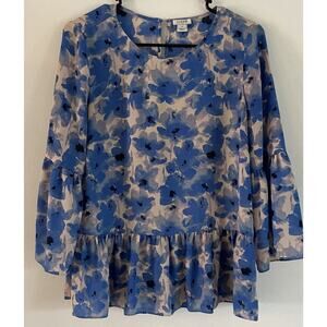 J Crew Silky Blue Floral Bell Sleeve Peplum Top in Meadow Print Women's Size XS